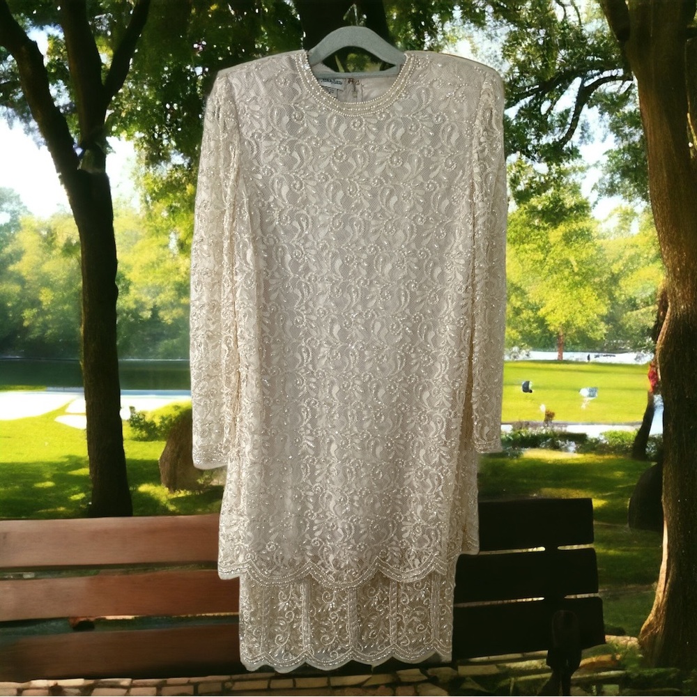 Vintage Neiman Marcus beaded sequin lace cream dress SZM